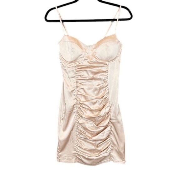 Lulus A Lot of Allure Champagne Satin Ruched Bustier Bodycon Dress Size Small - Picture 2 of 13